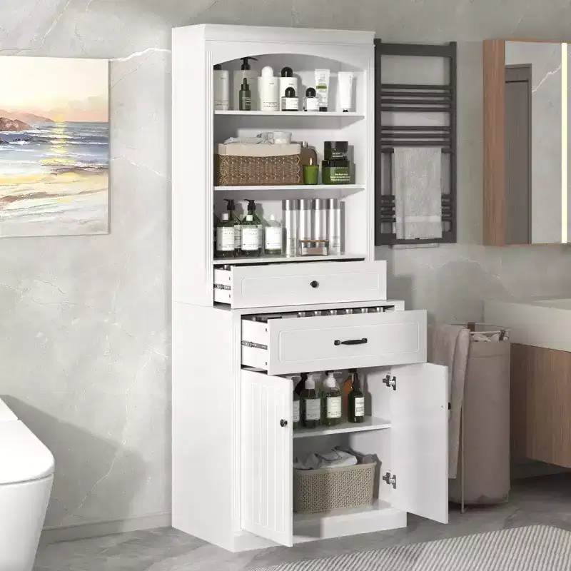 White Tall Storage Cabinet with Doors & Drawers, Freestanding, 1–2 Person Assembly