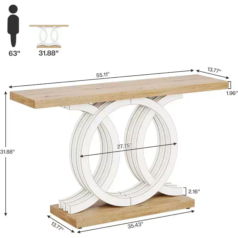 Lantine 55-Inch Console Table with Geometric Wood Base, Modern Entryway Table with Thick Tabletop for Living Room, Hallway, Foyer, White