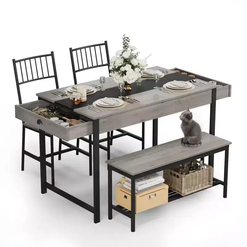 Space-Saving Dining Table Set for 4, Rectangular Farmhouse Kitchen Table with Drawers & Rack, Bench and 2 Chairs, for Small Apartments, Dining Areas