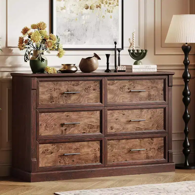 6 Drawer Dresser for Bedroom, Farmhouse 47.2 Wide Chest of Drawers with Metal Handles, Rustic Double Wood Dresser, Storage Dressers Organizer