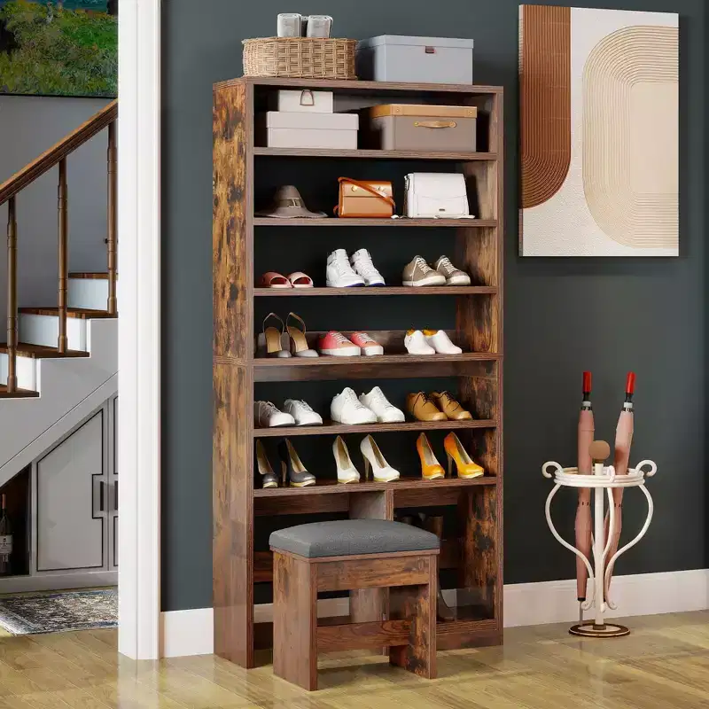 White / Rustic Brown 8-Tier Shoe Cabinet with Bench, Open Storage & Boot Cubby