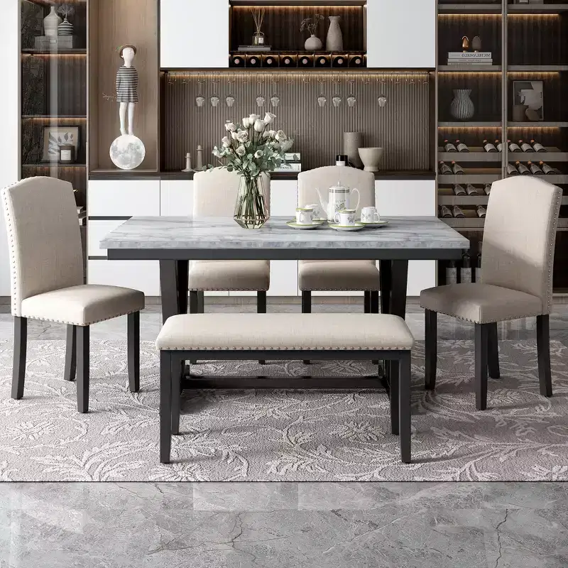 Whisen Modern Style 6-Piece Dining Table Set with 4 Chairs and 1 Bench and Teble with Marbled Veneers Tabletop - White
