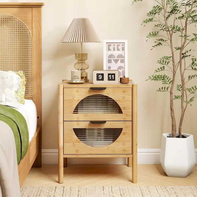 1/2 PCS Bamboo Nightstand with 2 Storage Drawers & Reeded