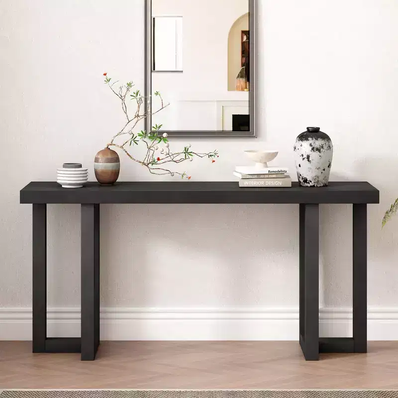160 cm Minimalist Console Table �C Solid Wood Legs, Thick Tabletop, Black