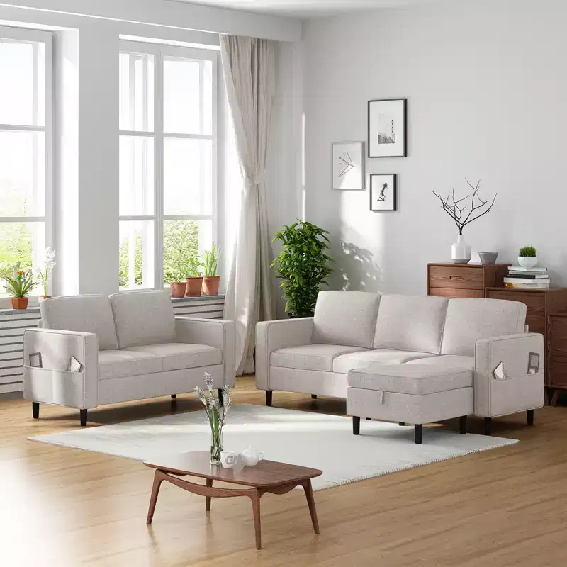 Mjkone 3PCS Convertible Sectional Sofa Set, Linen 3-Seater Sofa & Loveseat Couch with Side Pocket, Storage Ottoman