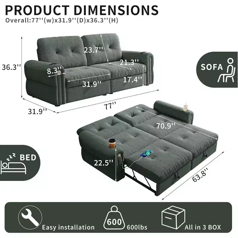 MooxvMoo 77 Modern Chenille Sleeper Convertible Sofa Bed, Pull Out Couch with USB Charging Port & Cup Holder, Adjustable Backrest, Side Pockets,Green