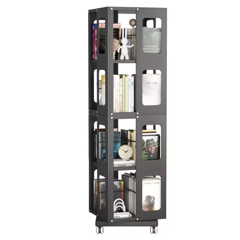 4-Tier All-Steel Rotating Bookshelf with 360 Wheels, Large Sturdy Spacious Design, Easy Assembly