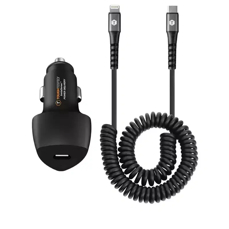 ToughTested PD High Speed Car Charger Kit For Apple with 20W USB-C Port and 6ft Coiled USB-C to Lightning Cable