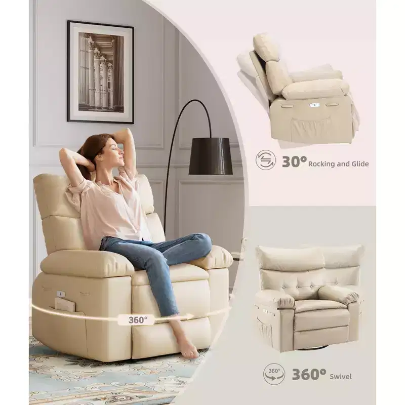 Extra-large massage and heated rocking chair, 360 rotating recliner, with remote control, cup holder and side pockets, ergonomically designed.