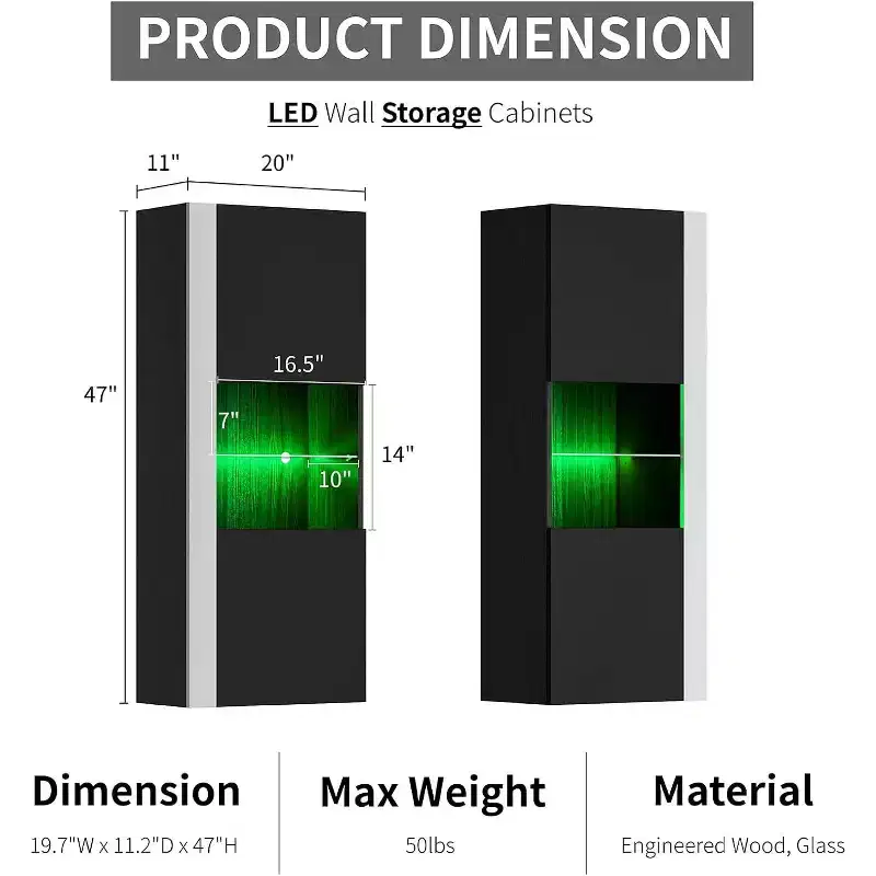 Wall Storage Cabinets with LED Lights, Modern Hanging Cabinets for Living Room/Bedroom, 2-Piece