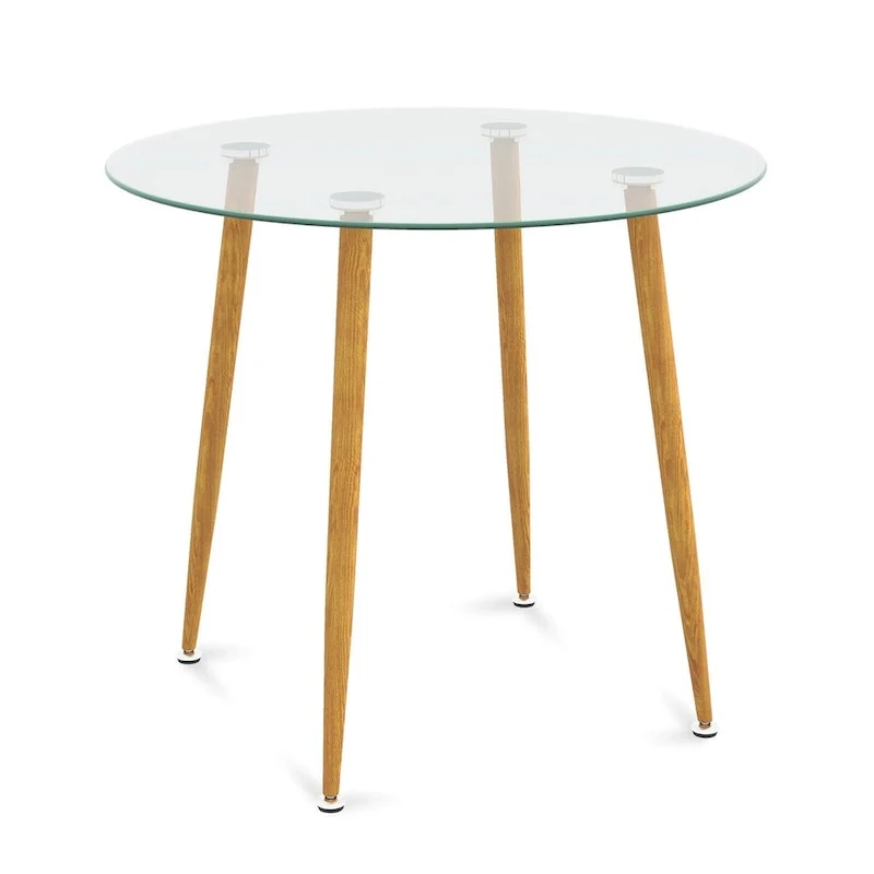 Gymax Leisure Coffee Table Round Glass Dining Table w/ Metal Legs