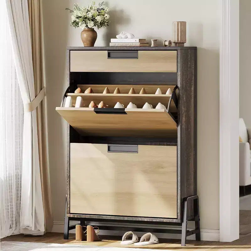Shoe Storage Organizer with 2 Flip Drawers and 1 Drawer, Shoe Cabinet with 3-Tier Adjustable Shelves