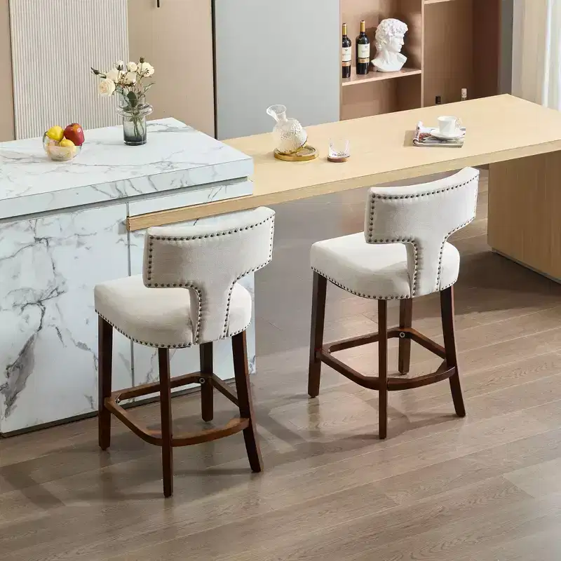 Counter-Height Bar Stools Set of 2, Farmhouse Linen Upholstered Chairs with Curved Back, Brass Studs, Hardwood FramesKitchen Seating