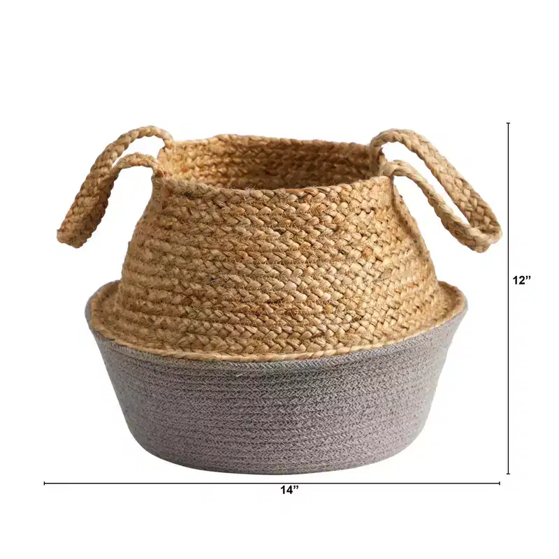 Nearly Natural 14-in Boho Chic Handmade Cotton & Jute Gray Woven Basket Planter