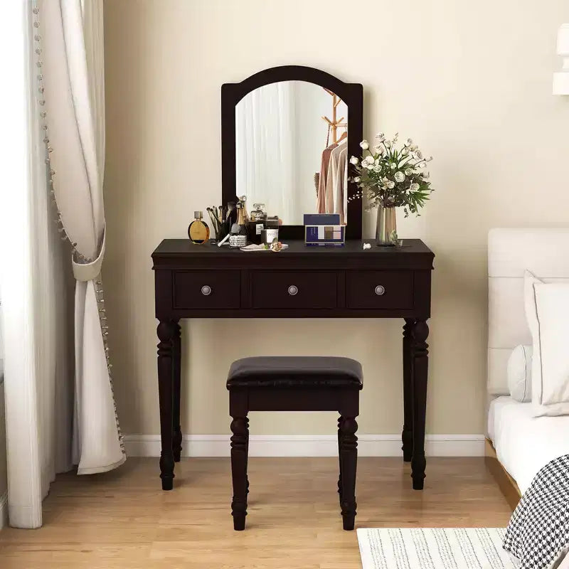 Costway Vanity Table Set Makeup Desk Cushioned Stool 3 Drawer Large Mirror White/Walnut