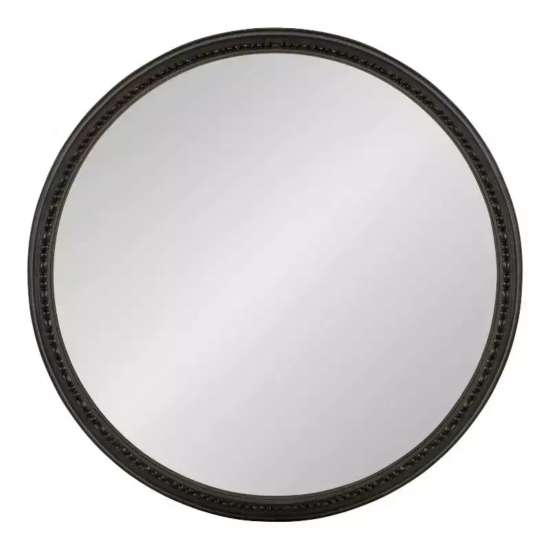 24 Round Wall Mirror 鈥?Black Beaded Plastic Frame, 21.5 Reflective Area