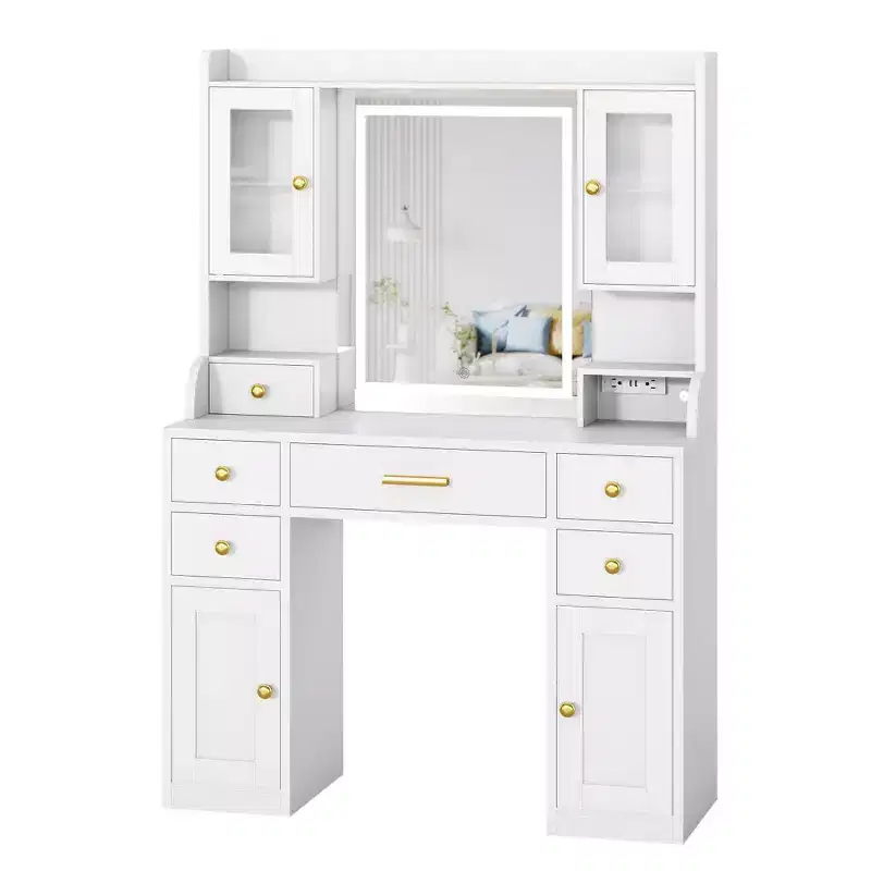 White Vanity Desk with Charging Station and LED Mirror, Large White and Gold Makeup Dressing Table, 3 Light Modes, 6 Drawers, Cabinet and Shelves