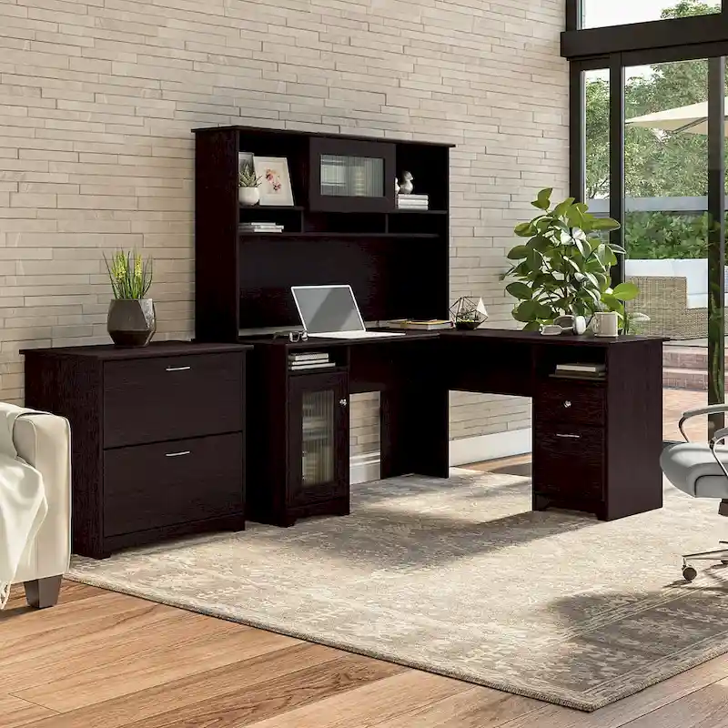 60 Inch L-Shaped Desk with Hutch and File Cabinet