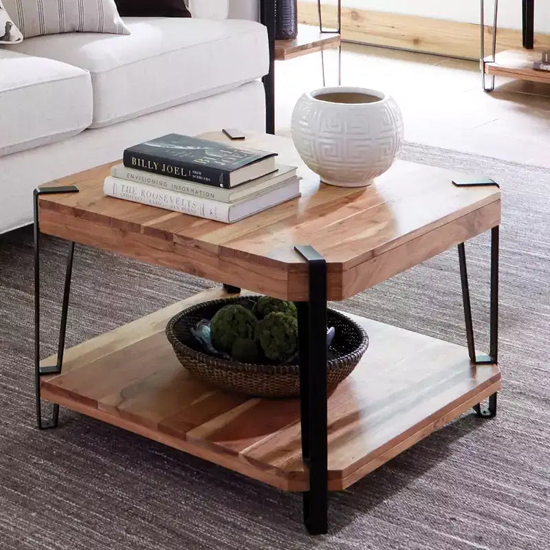 28" Natural Brown Live Edge Solid Wood Cube Coffee Table Metal And Wood: Acacia Top, 4-Leg Base