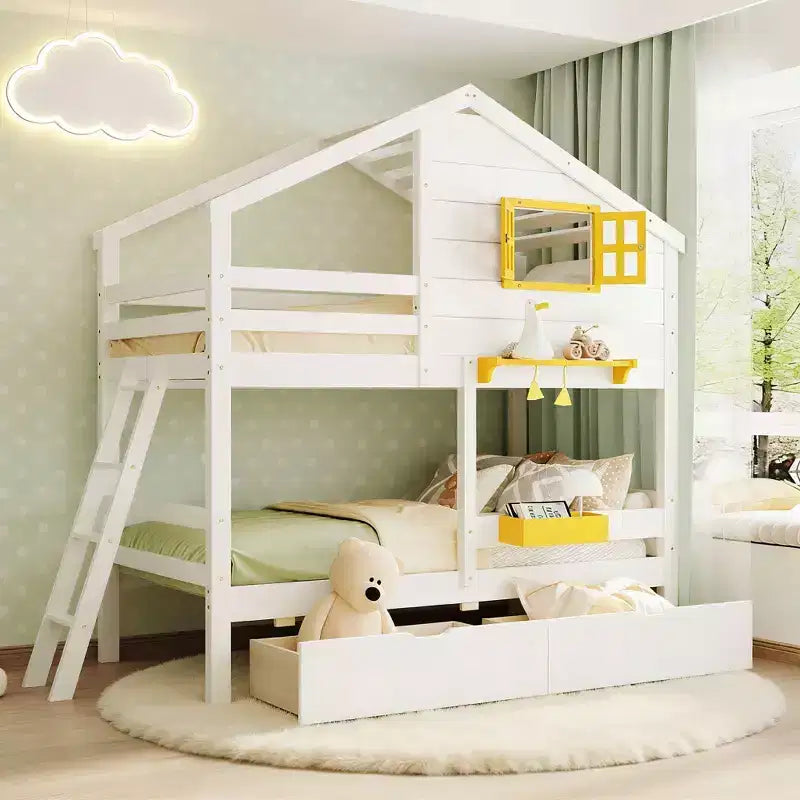 Twin over Twin House Bunk Bed with 2 Drawers, Storage Shelves and Window