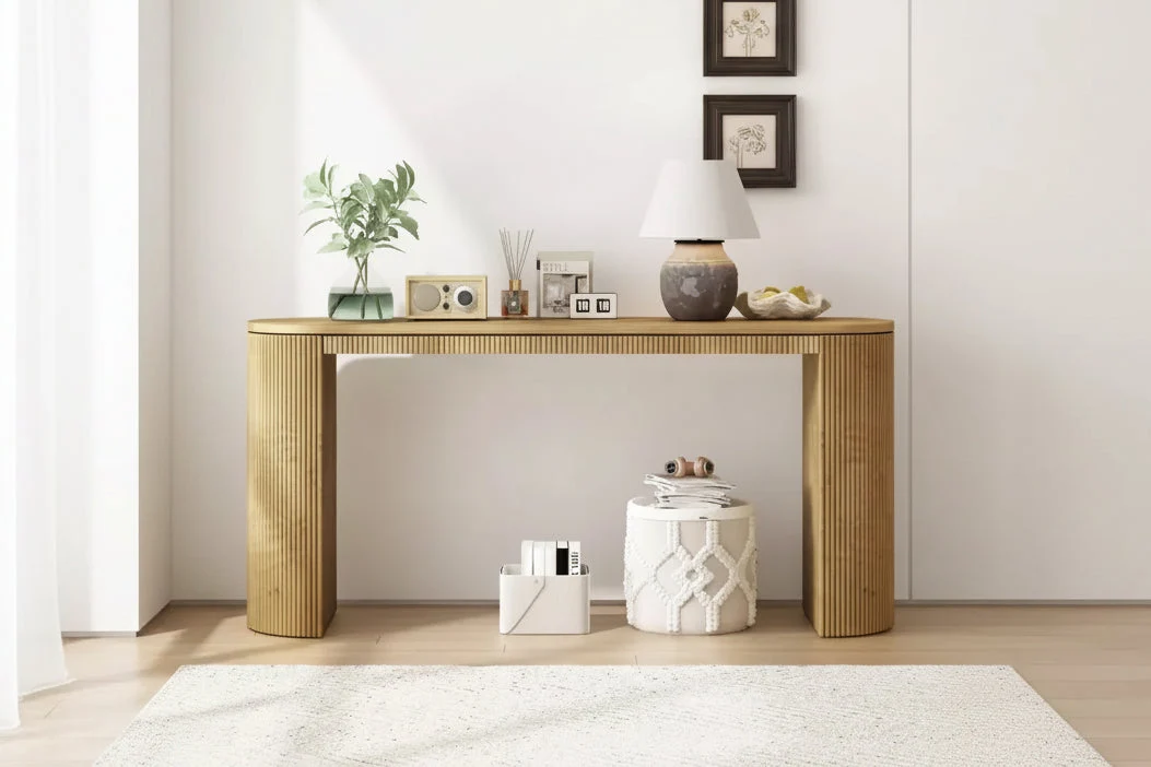 Modern Entryway Table with Curved Legs, Vertical Stripe Console Table with Thick Tabletop, Narrow Console Table for Living Room, Entrance