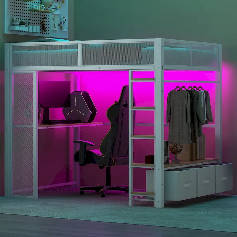 Full Size Metal Gaming Loft Bed with LED, Desk, Open Wardrobe and 3 Linen Storage Drawers, No Box Spring Needed for Kids, Teens