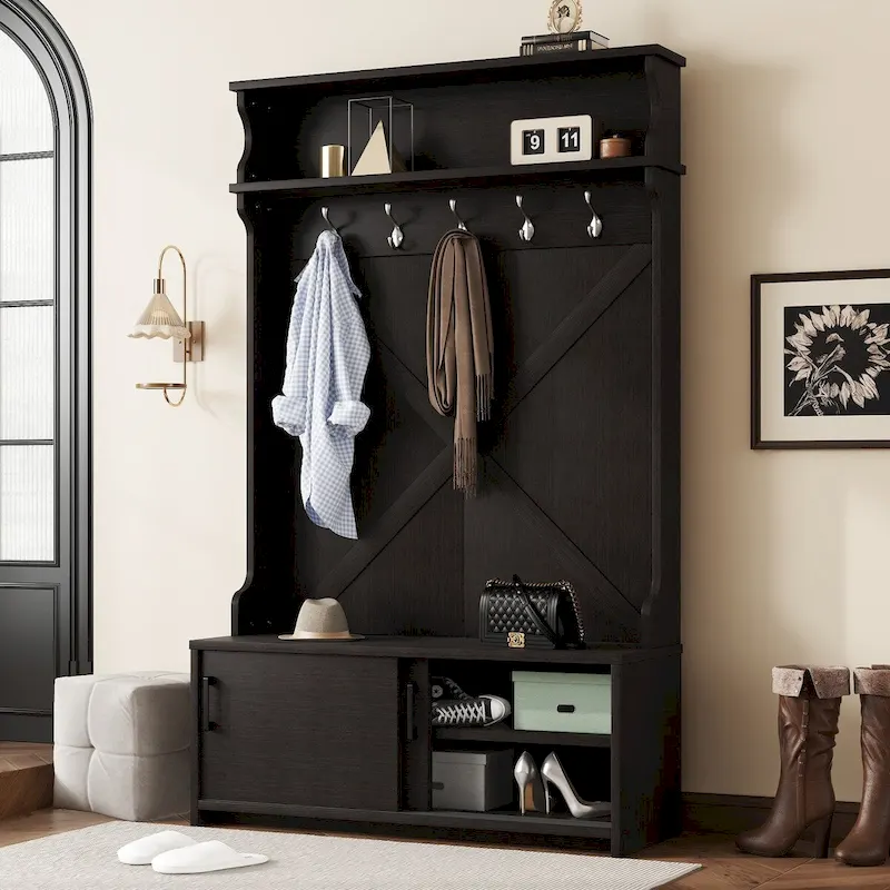 Hall Tree with Bench, Sliding Doors, Top Shelf & 5 Hooks