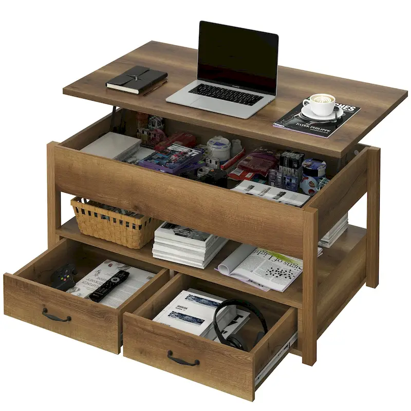 Wood Lift Top Coffee Table with Storage Shelf and Drawers