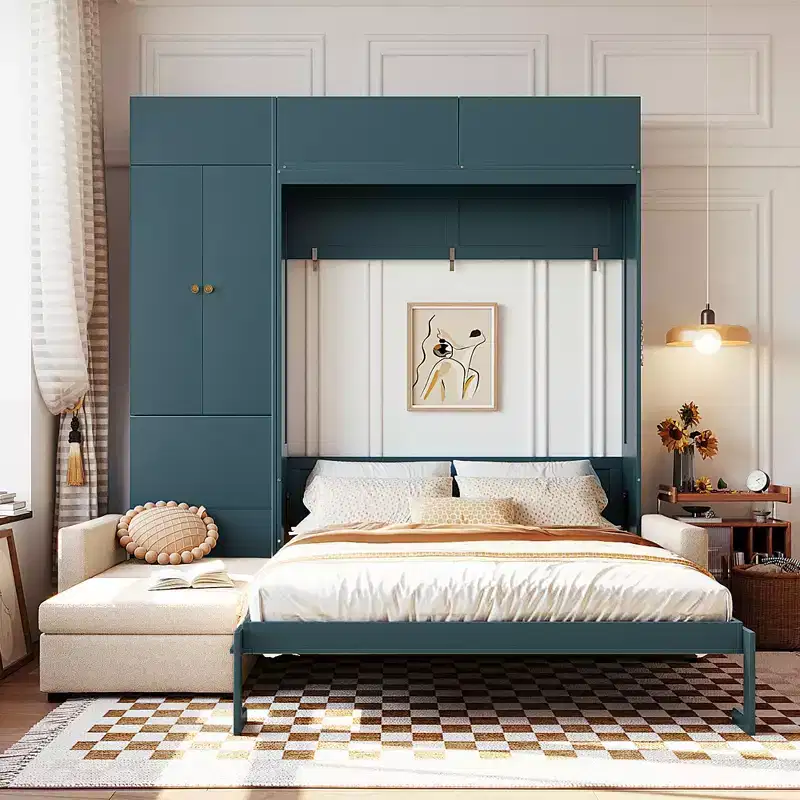 Queen Size Murphy Bed with Sofa & Cabinet, Folding Wall Bed with Shelves