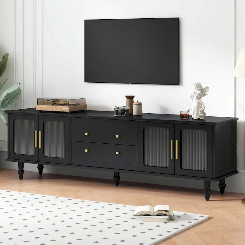Retro TV Stand with Fluted Glass Doors for TVs Up to 78