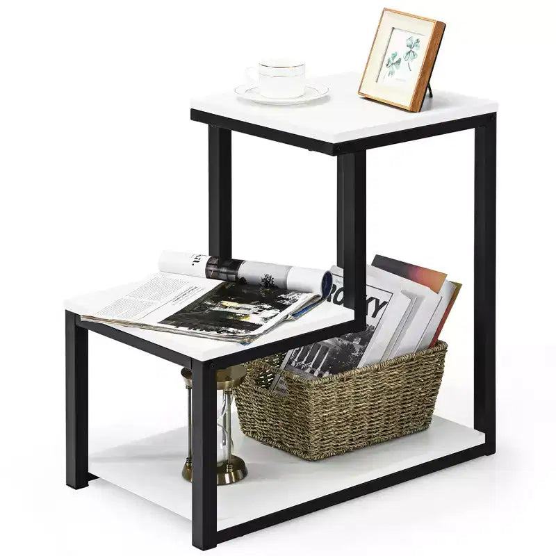 3-Tier Industrial End Table with Shelves, Sofa Side Table & Nightstand, White