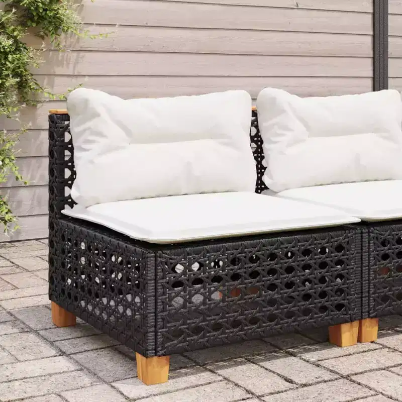 vidaXL Patio Sofa Armless with Cushions Black Poly Rattan