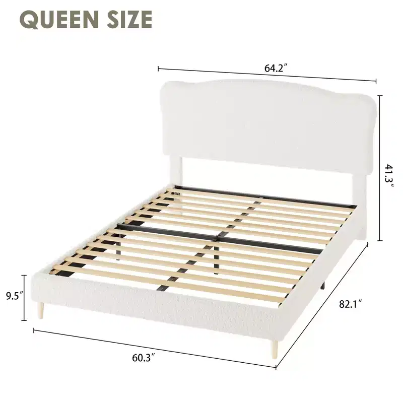 Acekool Upholstered Platform Bed Frame with Boucle Headboard, Low Profile Rounded Corner Bed, Wooden Slats, No Box Spring Needed