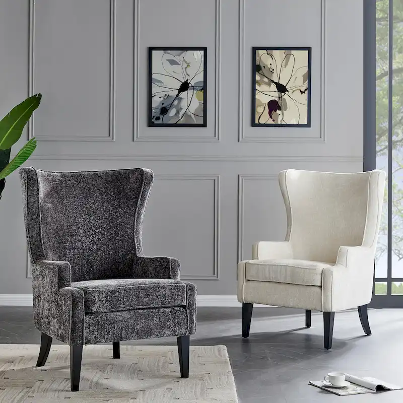 Cream Fabric Wingback Accent Arm Chair with Lumbar Pillow Black Legs