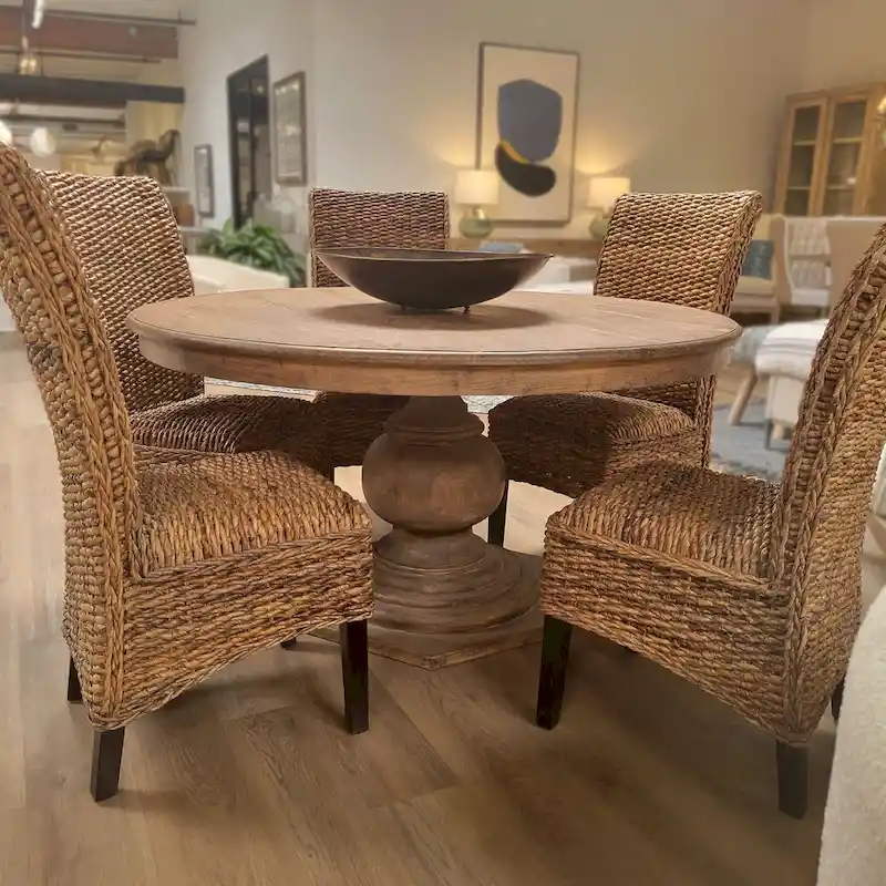 59-inch Round Reclaimed Pine Antique Natural Carved Pedestal Dining Table