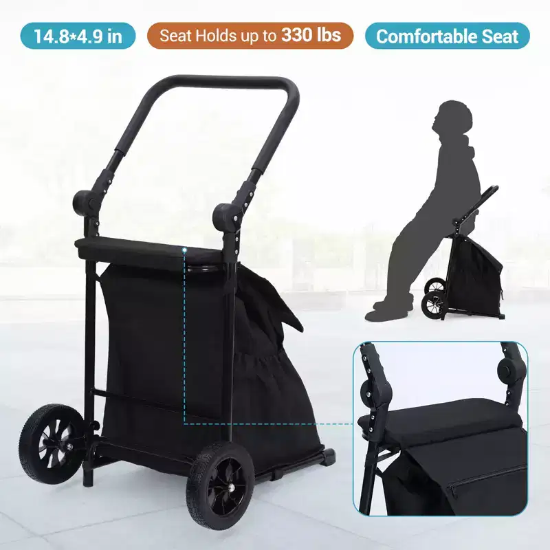 2 In 1 Foldable Grocery Cart, Heavy Duty Collapsible Shopping Cart with Seat, Adjustable Non Slip Handle, Folding Hand Truck Utility Cart, Black