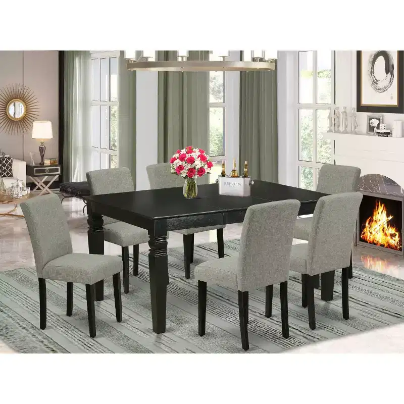 HomeStock 7 Piece Rectangle Dining Set Black Shitake Linen Fabric