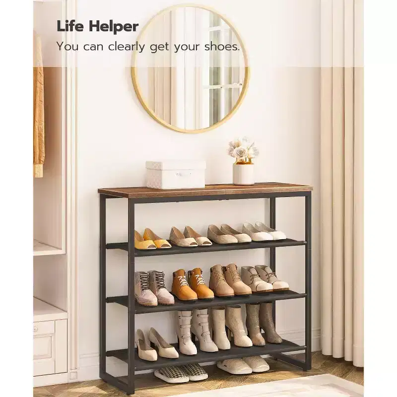ACOINEL 4 Tier Shoe Rack, Industrial Shoe Storage Organizer with 3 Oxford Fabric Shelves & Top Panel, Holds 12-16 Pairs of Shoes
