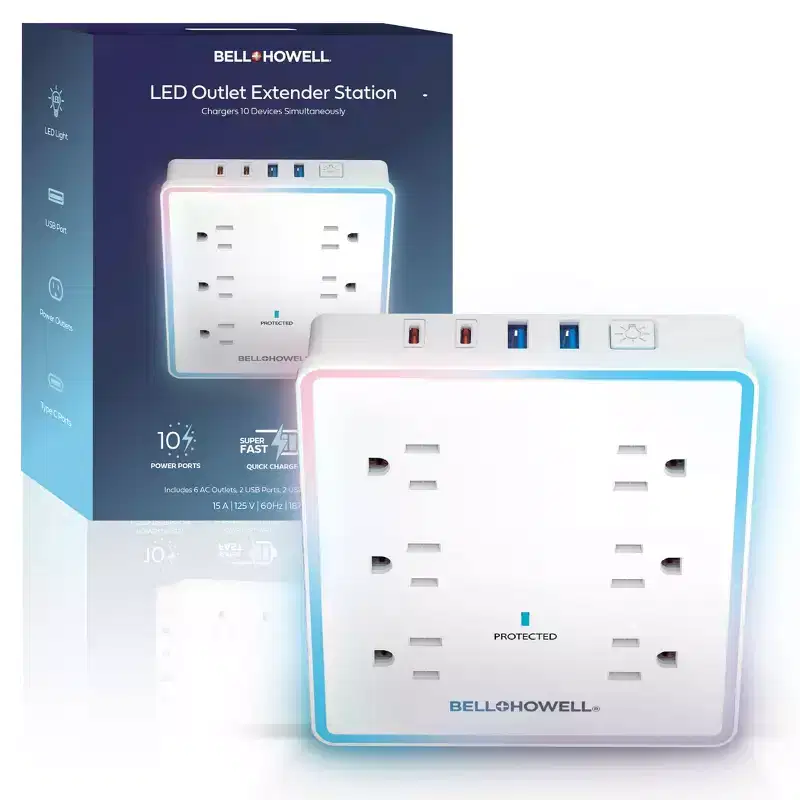 Bell+Howell Surge Protector Power Strip Flat Wall Plug Outlet Extender with LED Light 6 Outlets 4 USB Ports