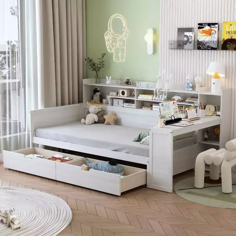 Twin Size Multifunctional Bed with Storage Shelves, Drawers & Study Desk, Antique White