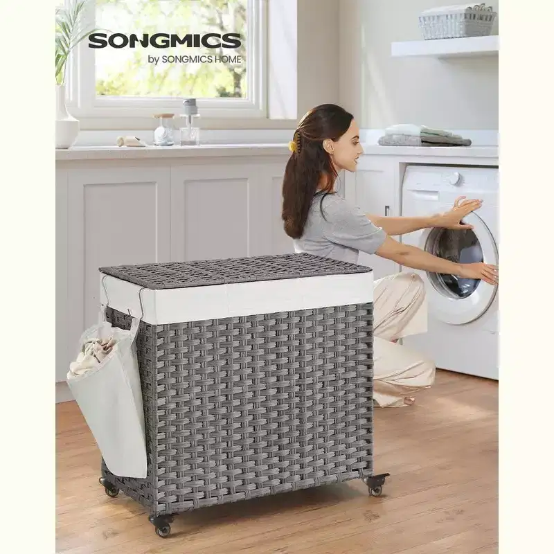 SONGMICS Laundry Hamper with Lid Rolling Laundry Basket with Wheels 3-Section Synthetic Rattan Laundry Hamper