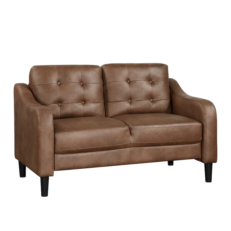 Orry 55 Inch Loveseat, Tufted Back, Brown Microfiber, Black Solid Wood