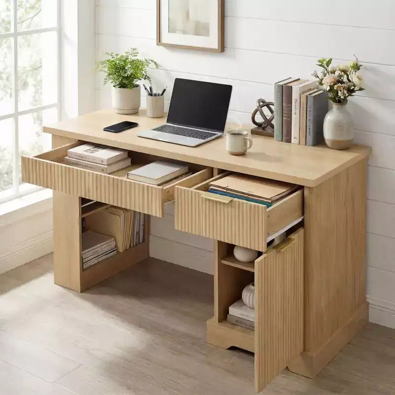 Okak Modern Fluted Wood Computer Desk with Cabinet & Pegboard & Keyboard Tray,Fashionable Storage Writing Desk for Office,Study