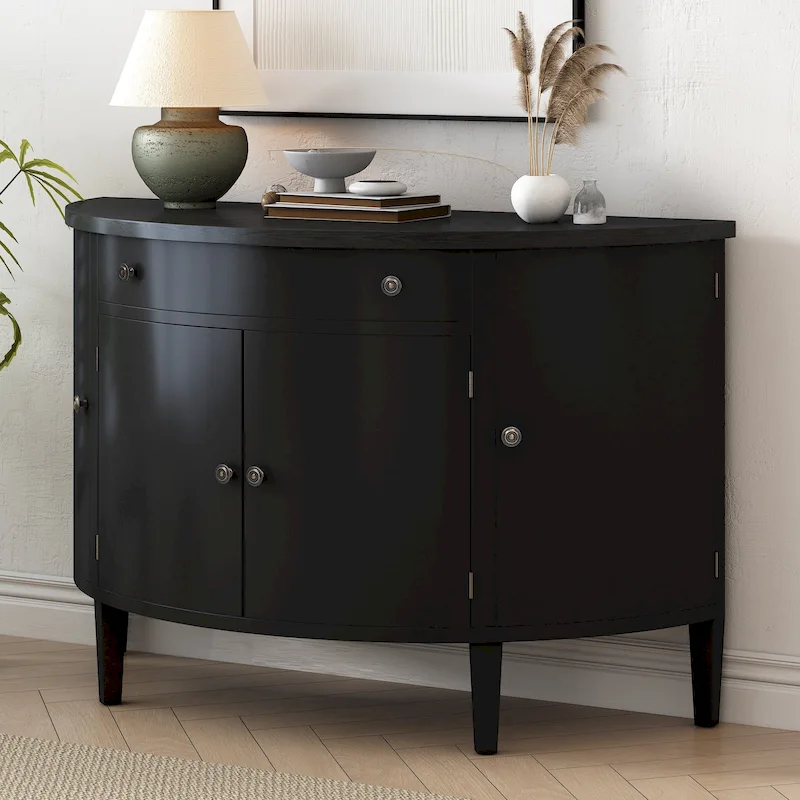 Curved Design Storage Cabinet made of Fraxinus Mandschuric Solid Wood Veneer, Adjustable Shelves