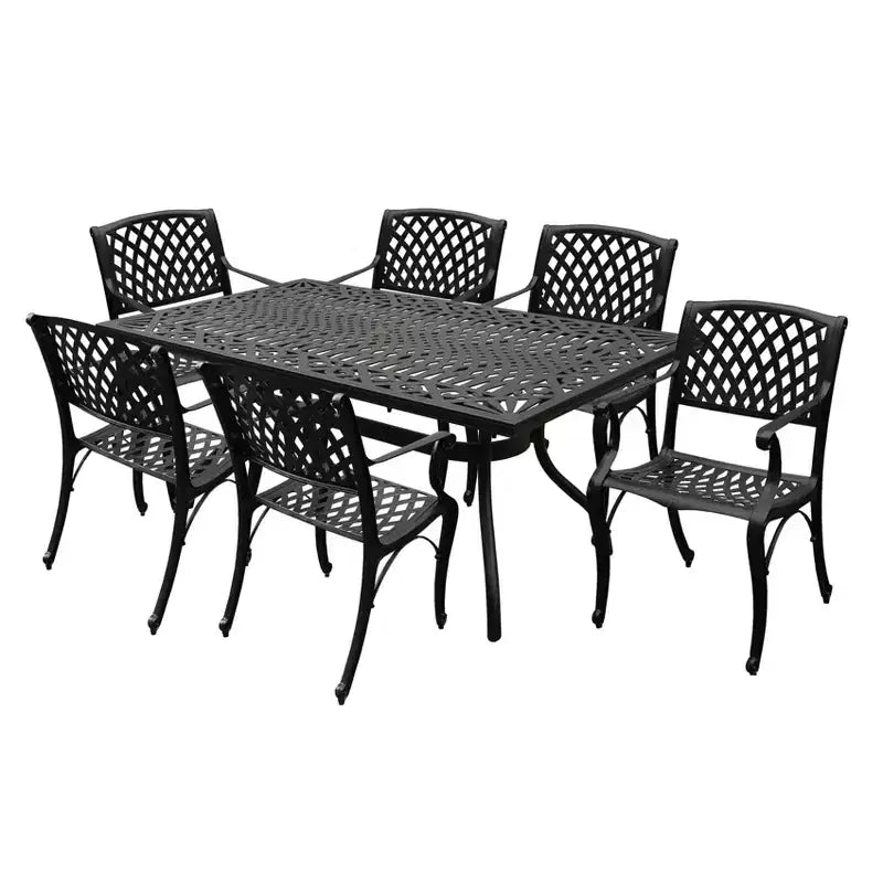 7pc Patio Dining Set with 68" Modern Ornate Outdoor Mesh Aluminum Rectangular Table & Modern Chairs - Black - Oakland Living: UV-Resistant