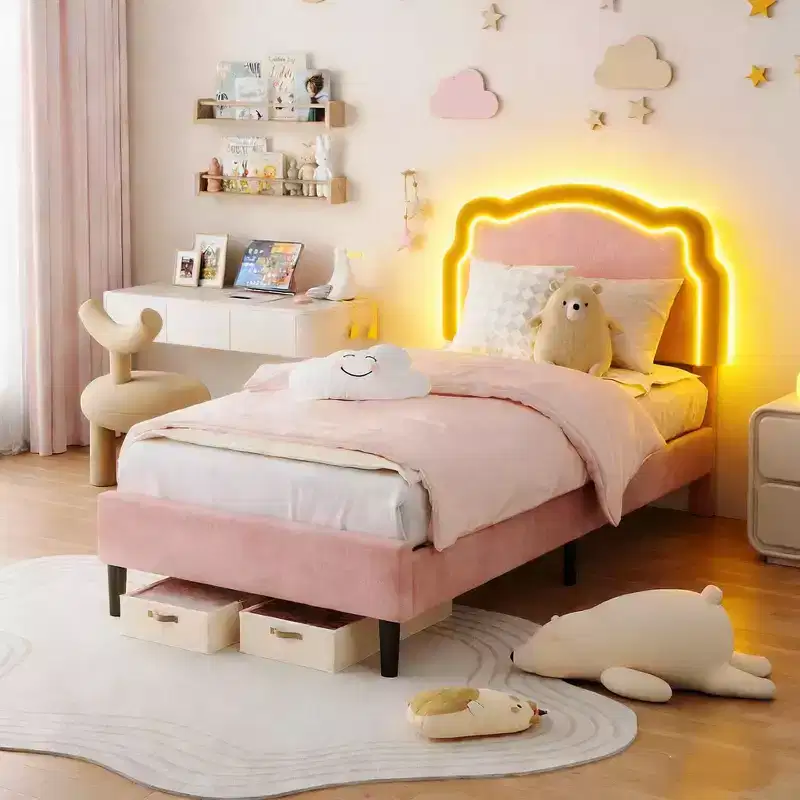 Twin Upholstered LED Bed Frame for Kids with Velvet Headboard and Wooden Slats