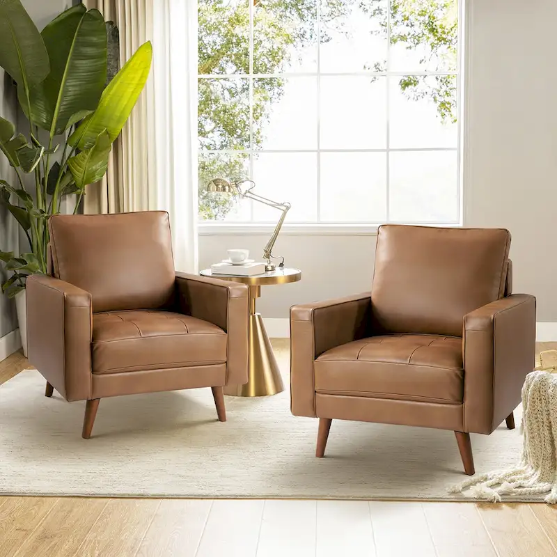 Mid-Century Genuine Leather Accent Chair, Set of 2 — Black / Navy / Brown / Camel / Burgundy / Beige