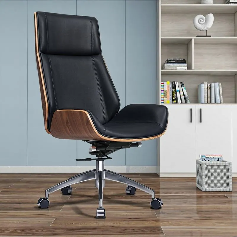 Black Leather High-Back Executive Office Chair with Walnut Wood Accents