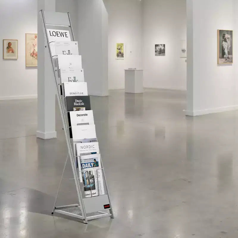 10-Pocket Floor Standing Magazine & Brochure Display Rack, Metal, Silver