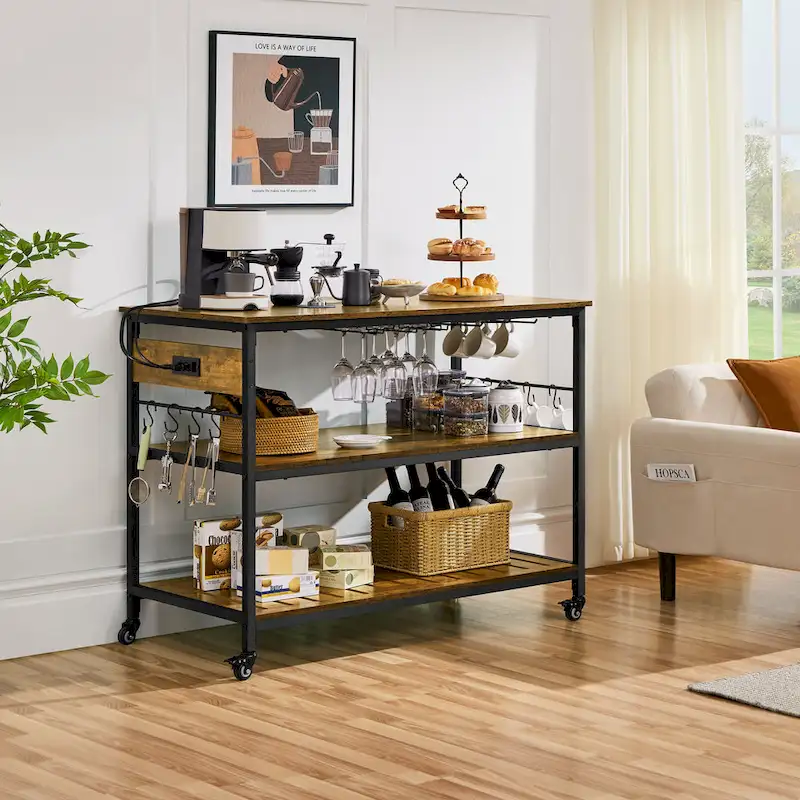 Rolling Kitchen Cart with 3 Shelves and Worktop